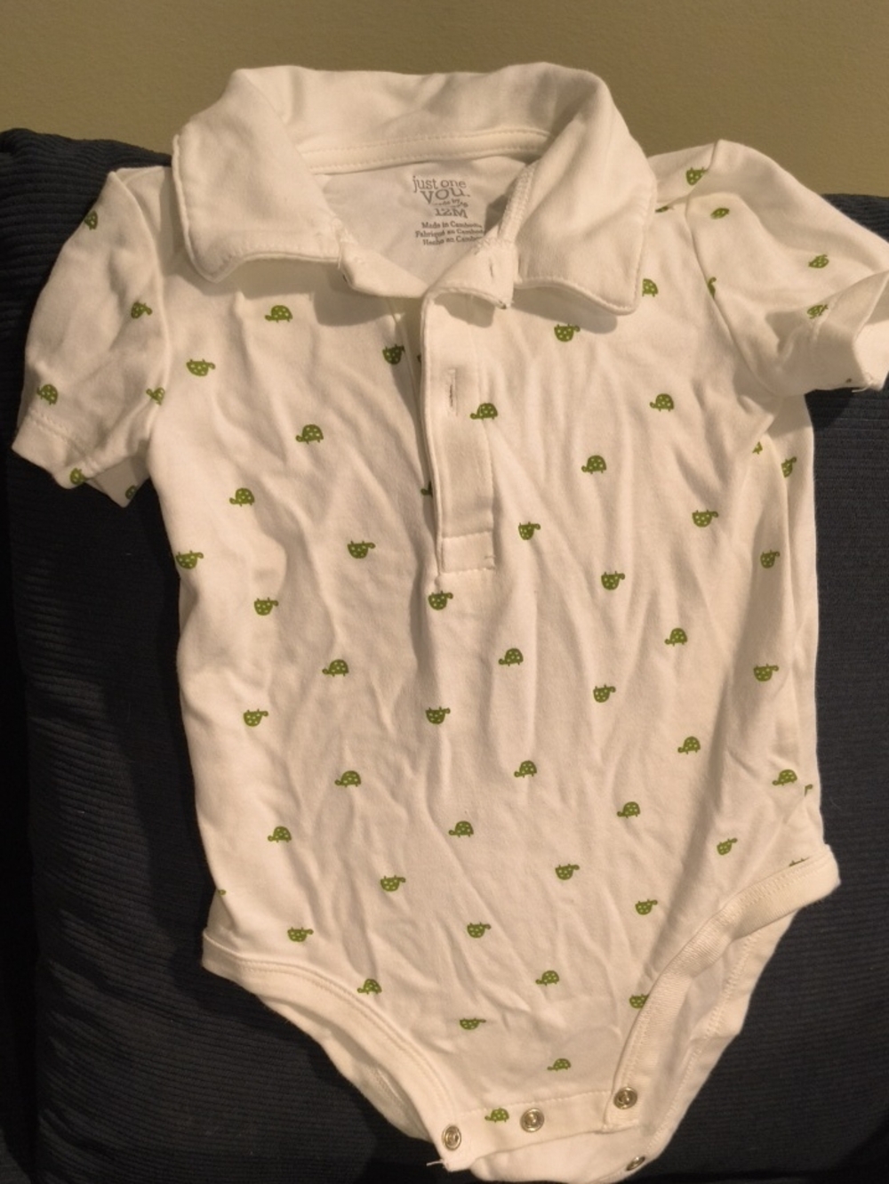 Just One You White Polo Bodysuit with Green Turtle Motif